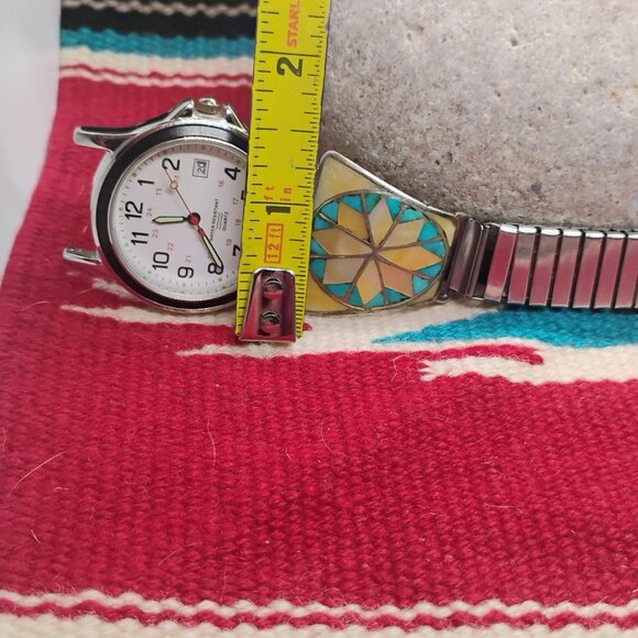 Vtg Zuni Inlay Set Belt Buckle Watch Tips Turquoise Mother of Pearl Sunburst - Picture 14 of 16